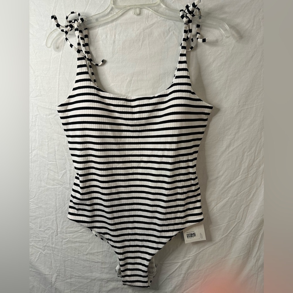 &‎ Other Stories Black White Striped One-Piece Swimsuit NWT Ribbed Tie Shoulder